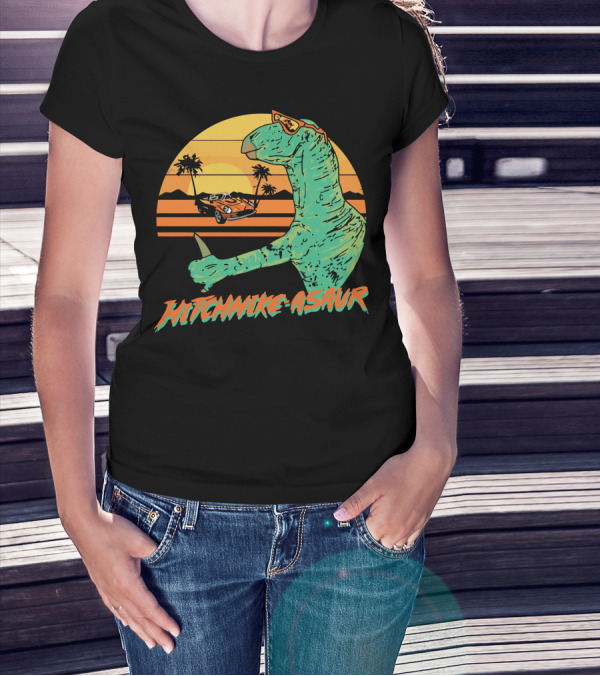 Hitchhike Asaur Sunset Dinosaur With Car And Palm Trees T-Shirt