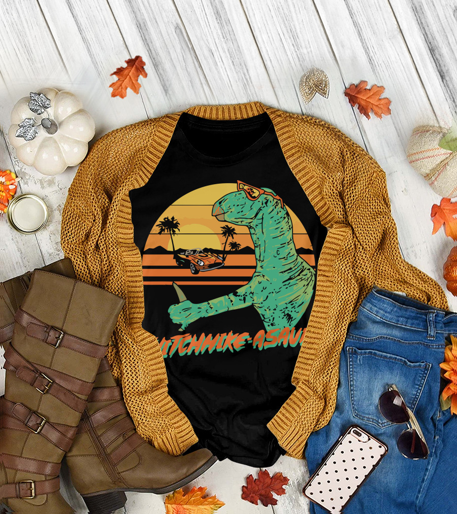 Hitchhike Asaur Sunset Dinosaur with Car and Palm Trees T-Shirt