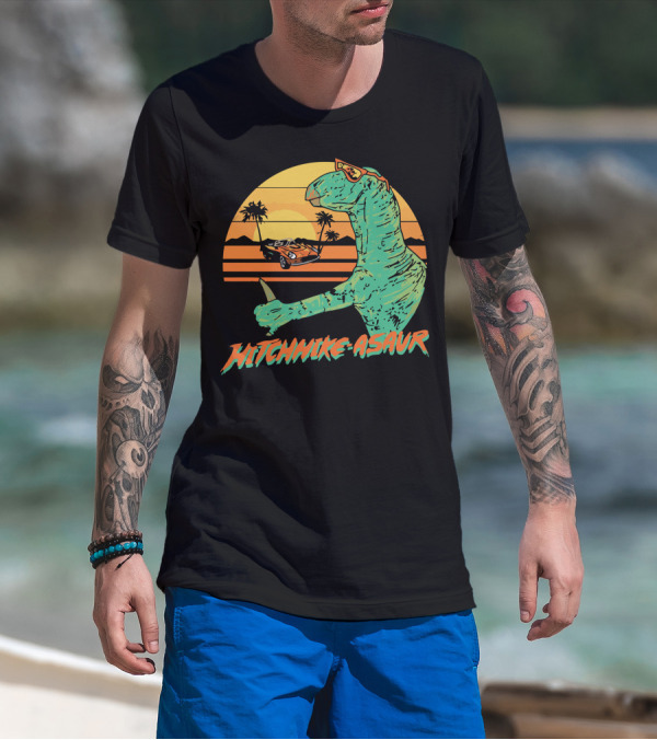 Hitchhike Asaur Sunset Dinosaur With Car And Palm Trees T-Shirt