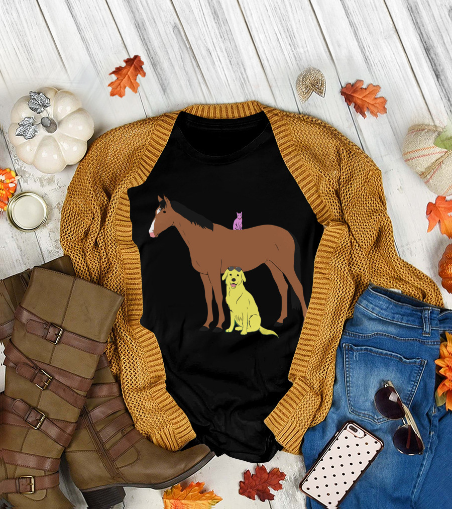 Horsin' with Yellow Dog and Pink Cat Riding Horse T-Shirt