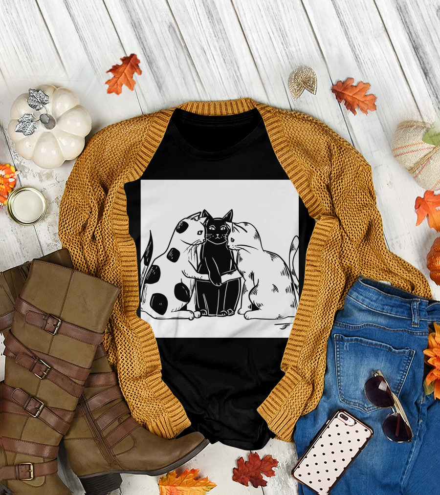 Inktober Day 29 United Plotting Trio Of Cats Black And White Posing T-Shirt