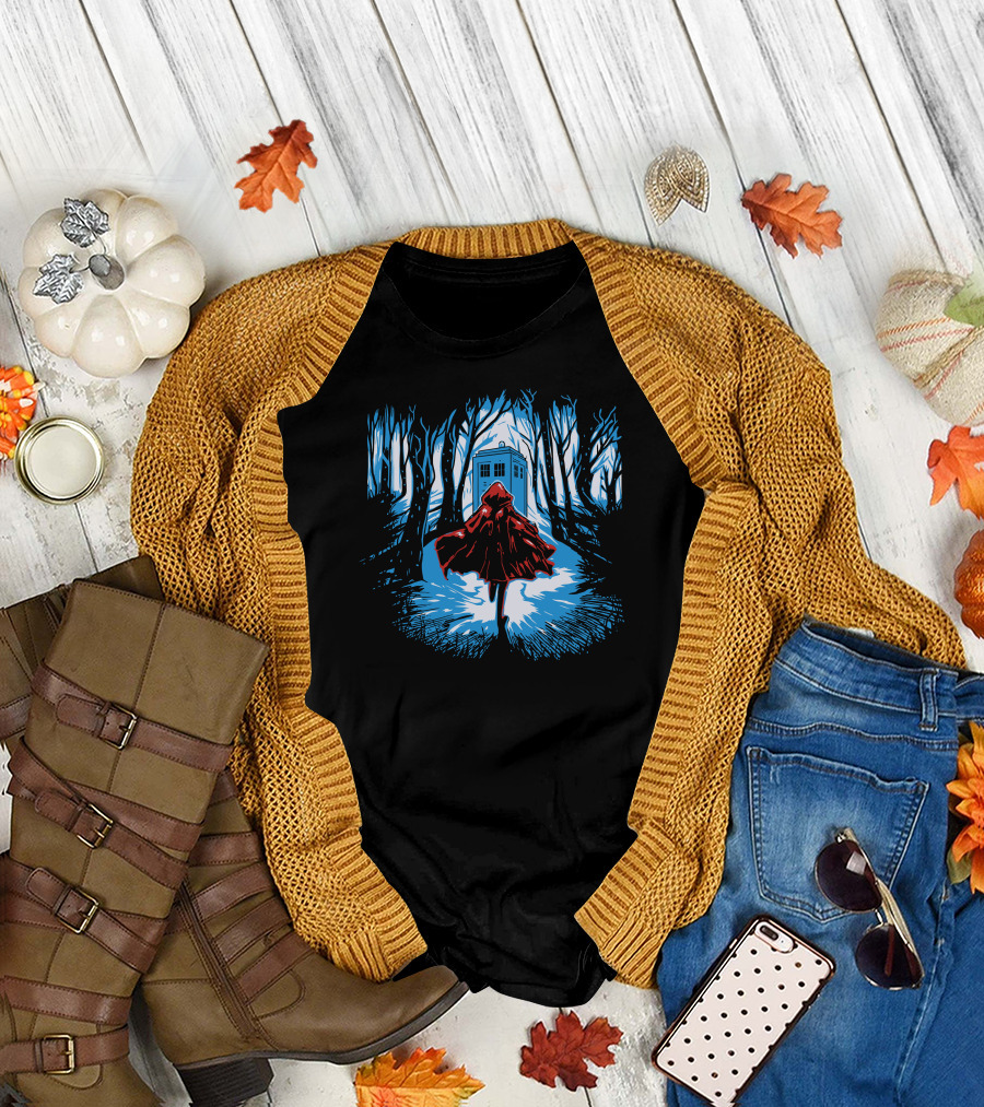 Little Red Riding Hood Walking Toward Tardis in Doctor Who Forest Scene T-Shirt