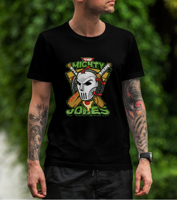 THE MIGHTY JONES MASK CROSSING BAT WEAPONS PIZZA SLICE NINJA T-Shirt