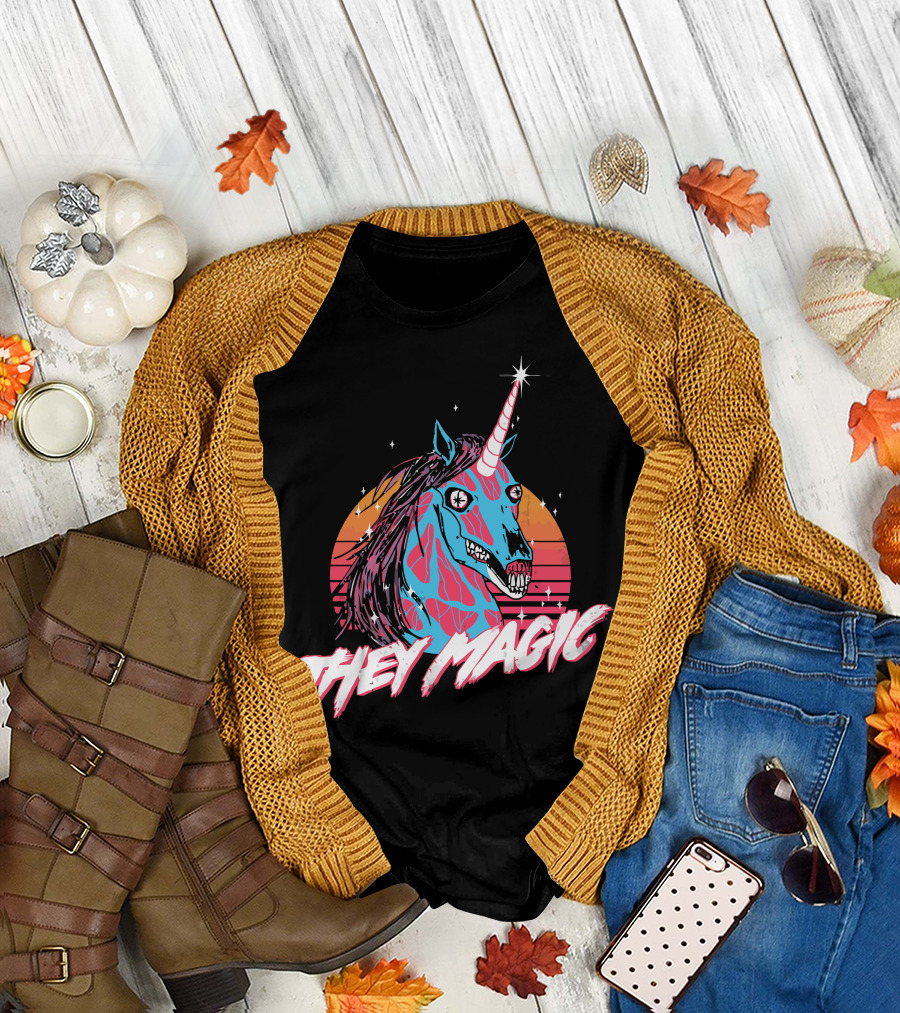They Magic Retro Unicorn with Vibrant Colors and Sunset Background T-Shirt