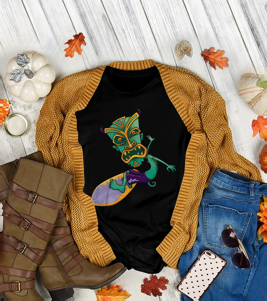 Tiki Surfer Dude Green Monster on Surfboard T-Shirt