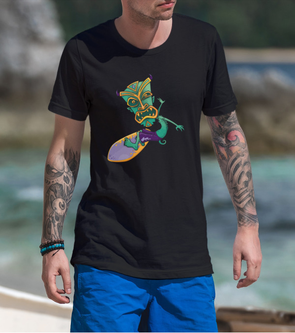 Tiki Surfer Dude Green Monster On Surfboard T-Shirt