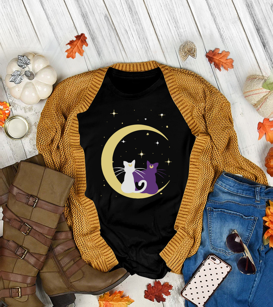 Sailor Moon Artemis Luna Cats on Crescent Moon T-Shirt