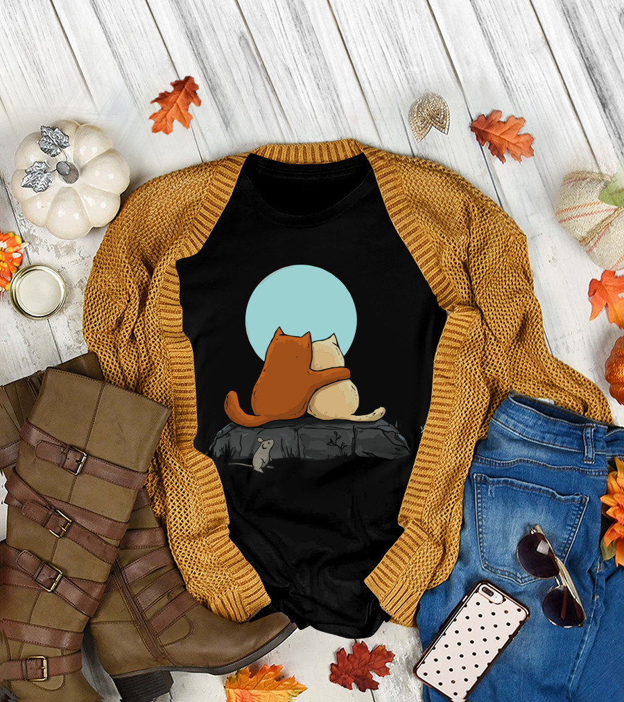 Two Cats Cuddling Under the Moon with Mouse Observing T-Shirt