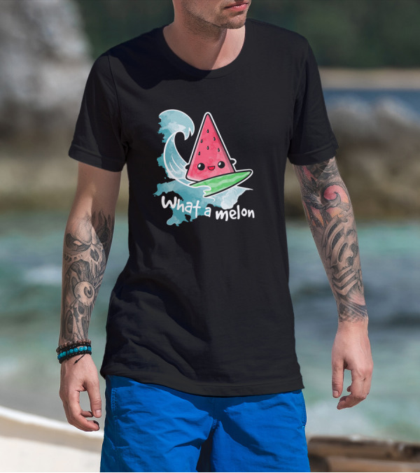 What A Melon Surfing Wave Kawaii Watermelon Slice T-Shirt