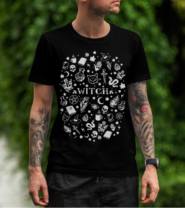 Witch Elements White Cat Skull Moon Pentagram Potion Magic Symbols T-Shirt