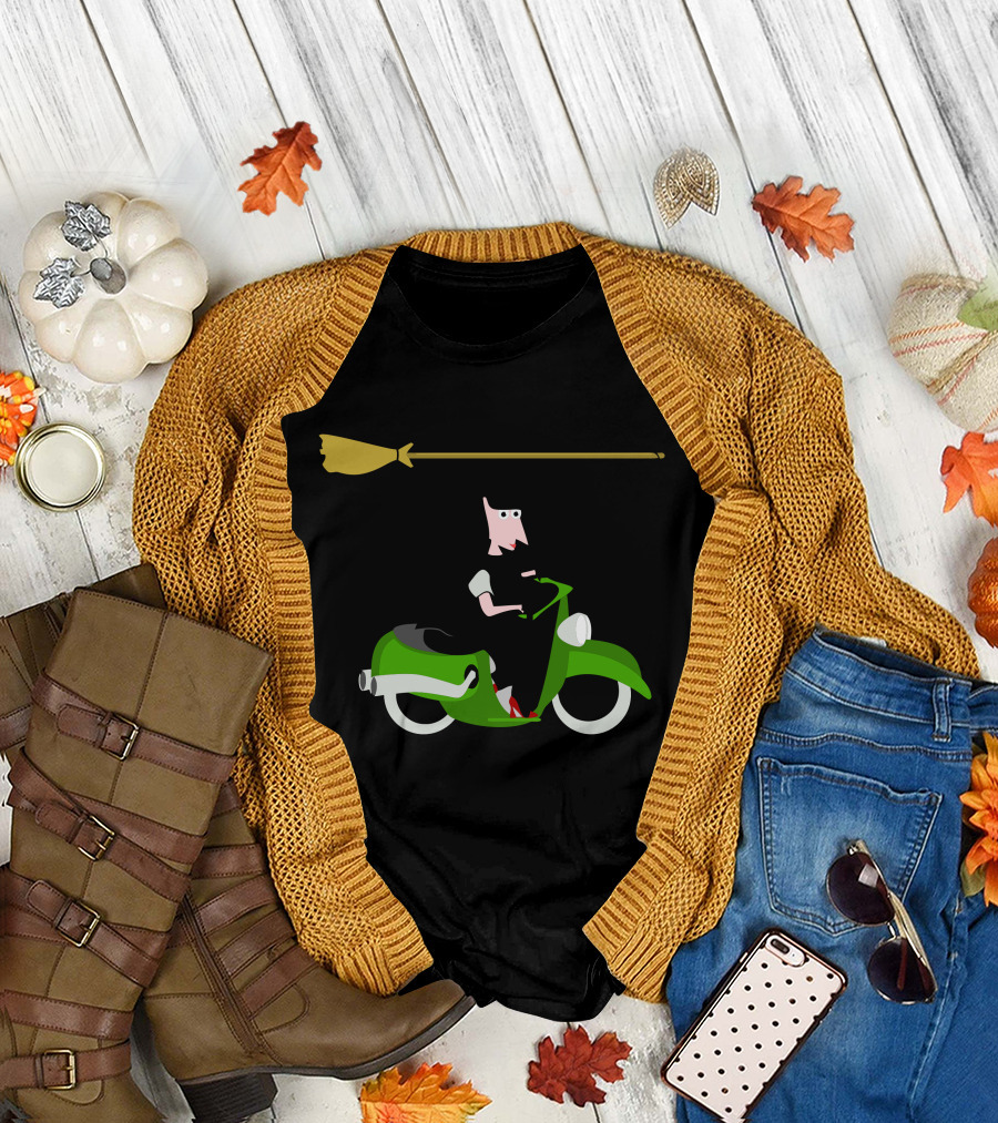 Witch on Green Moped with Broom and Hat Overhead T-Shirt