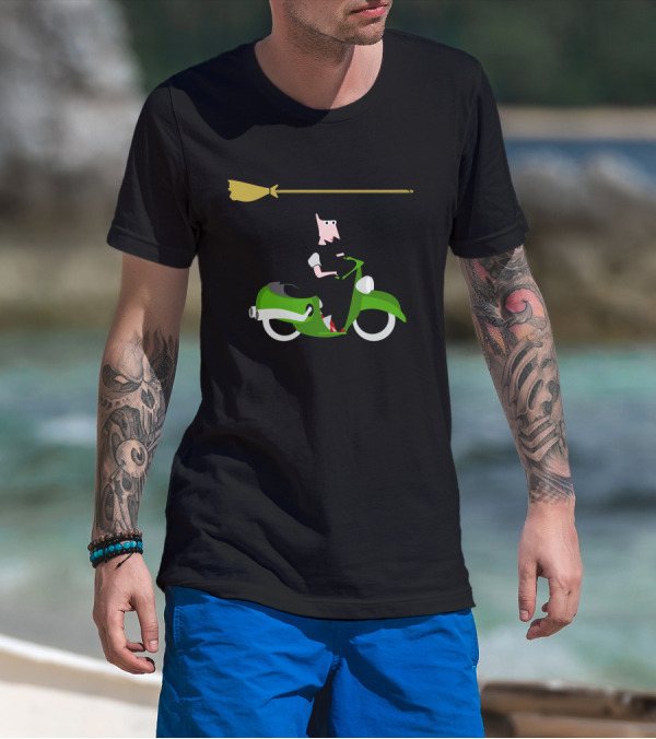 Witch On Green Moped With Broom And Hat Overhead T-Shirt