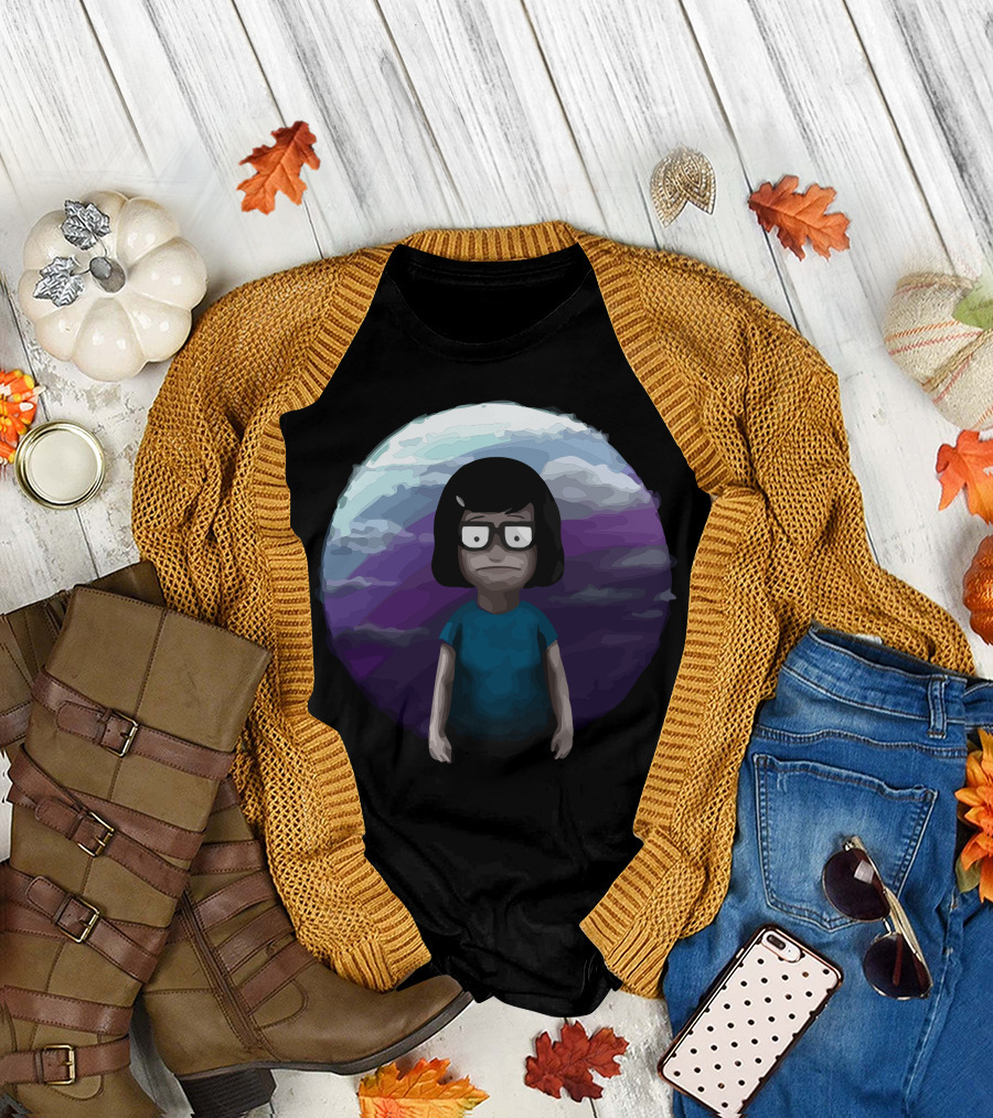 Writer Cartoon Character with Glasses and Dark Hair in Blue in Front of Purple and Blue Sky T-Shirt