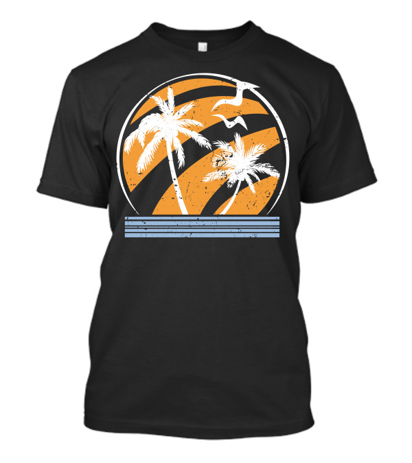 Palm Trees And Seagulls With Orange Stripes T-Shirt