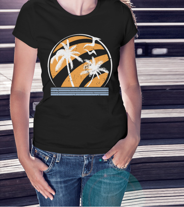 Palm Trees And Seagulls With Orange Stripes T-Shirt