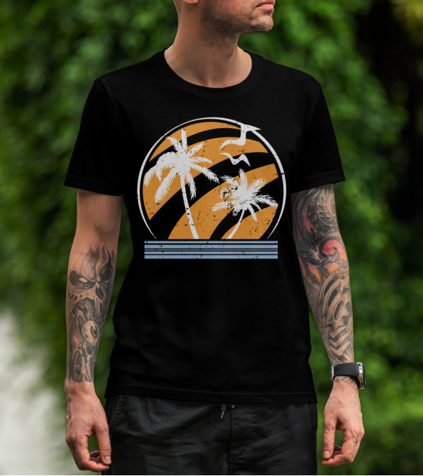 Palm Trees And Seagulls With Orange Stripes T-Shirt