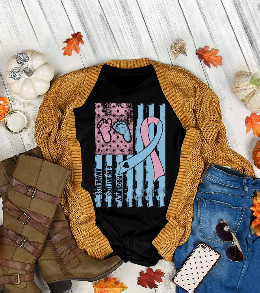 Pregnancy And Infant Loss Awareness Ribbon with American Flag and Baby Footprints T-Shirt