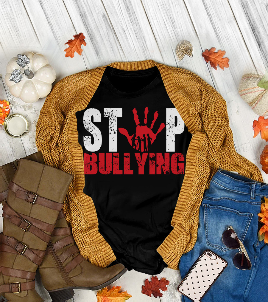 STOP Bullying Red Handprint with Dark Silhouette Figures T-Shirt