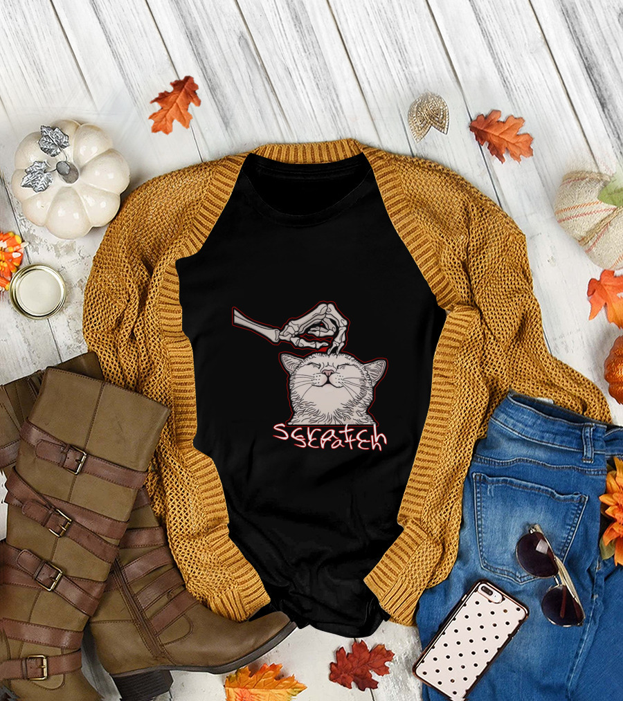 Scratch Skeleton Hand Halloween Cat T-Shirt