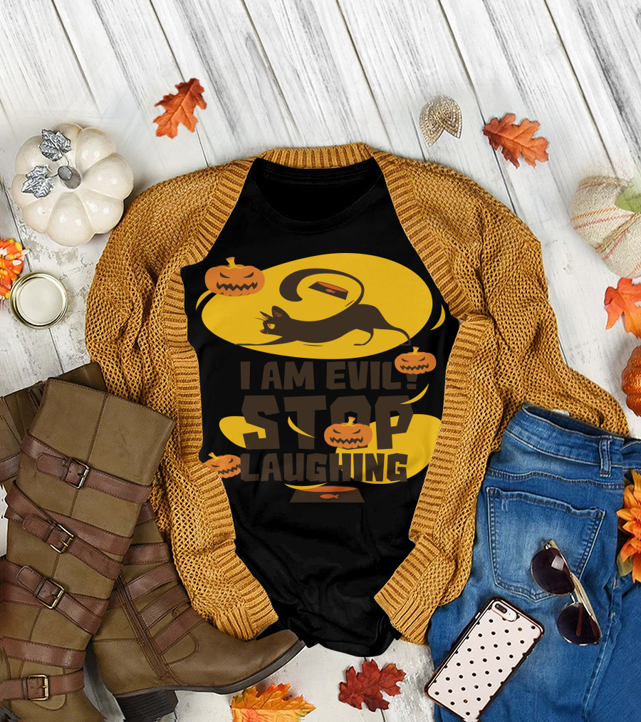 I Am Evil Halloween Stop Laughing Black Cat Jack-O'-Lanterns T-Shirt