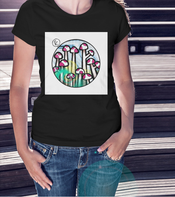 World Of Fungus Psychedelic Mushroom Circle Sketch T-Shirt