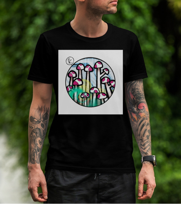 World Of Fungus Psychedelic Mushroom Circle Sketch T-Shirt