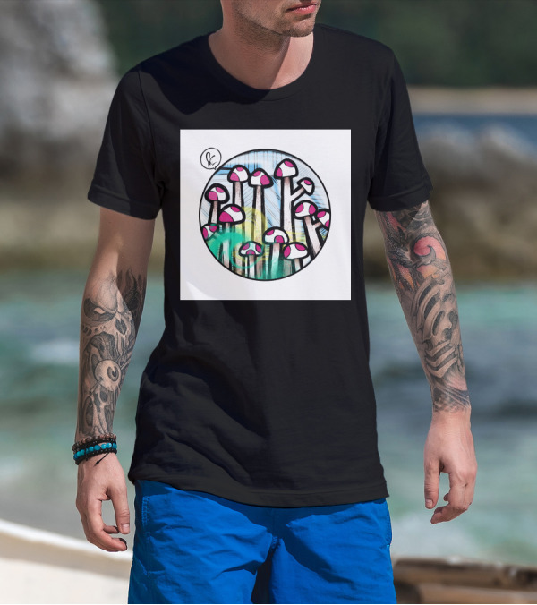 World Of Fungus Psychedelic Mushroom Circle Sketch T-Shirt