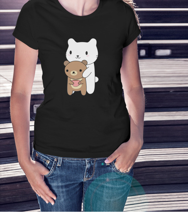 Cat Embracing Brown Bear With Pink Mug T-Shirt