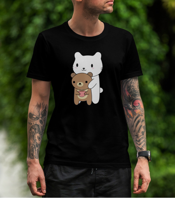 Cat Embracing Brown Bear With Pink Mug T-Shirt