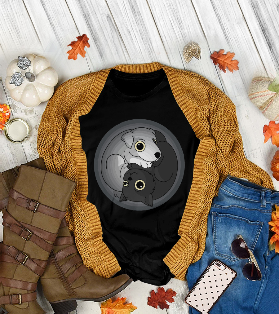 Cat Dog Yin Yang Circle T-Shirt