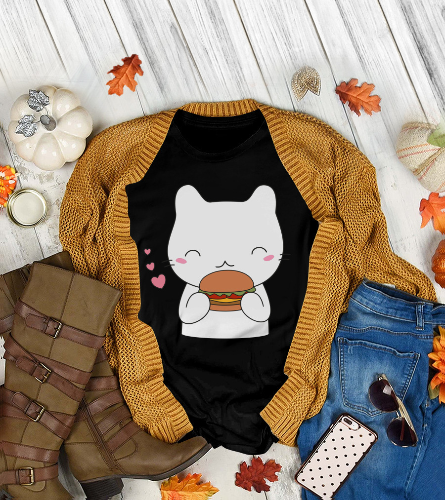 Cat Eating A Burger with Hearts and Whiskers T-Shirt