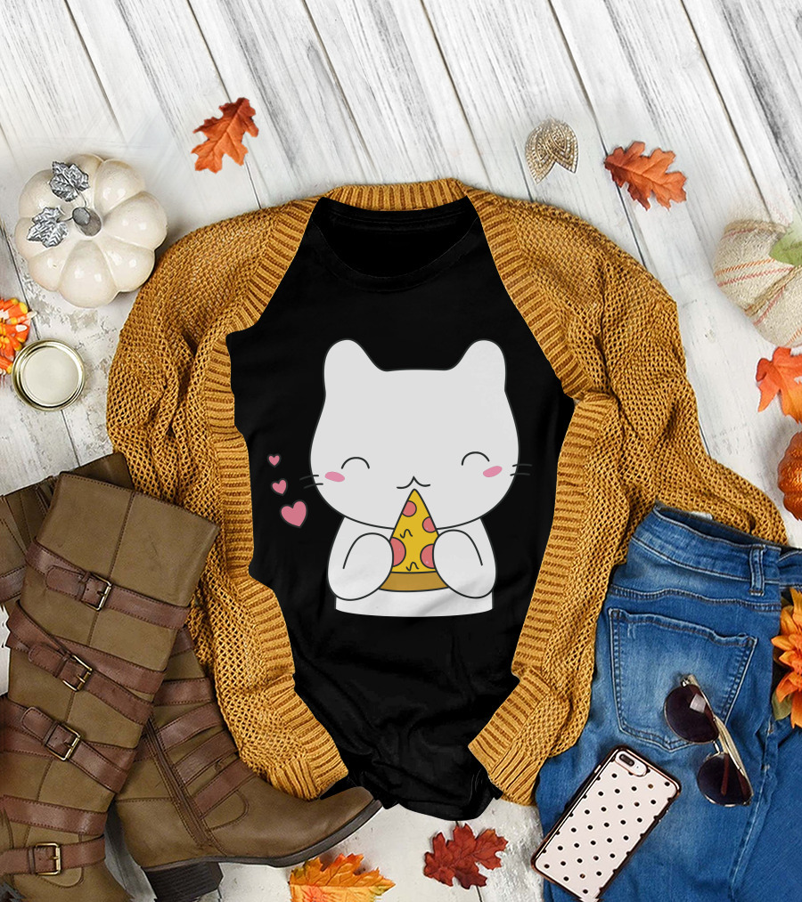 Cat Enjoying Pizza Slice With Hearts T-Shirt