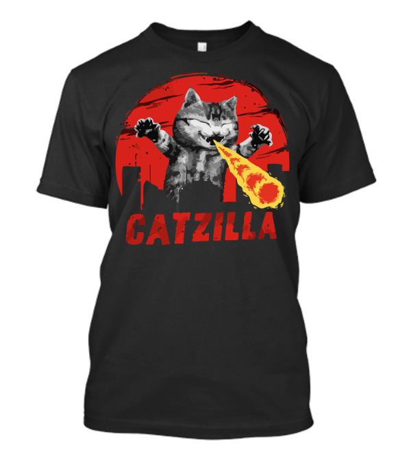 Catzilla Fire-Breathing Cat Against Red Skyline T-Shirt