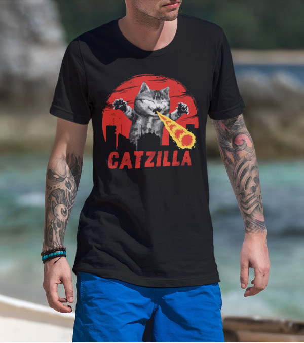 Catzilla Fire-Breathing Cat Against Red Skyline T-Shirt
