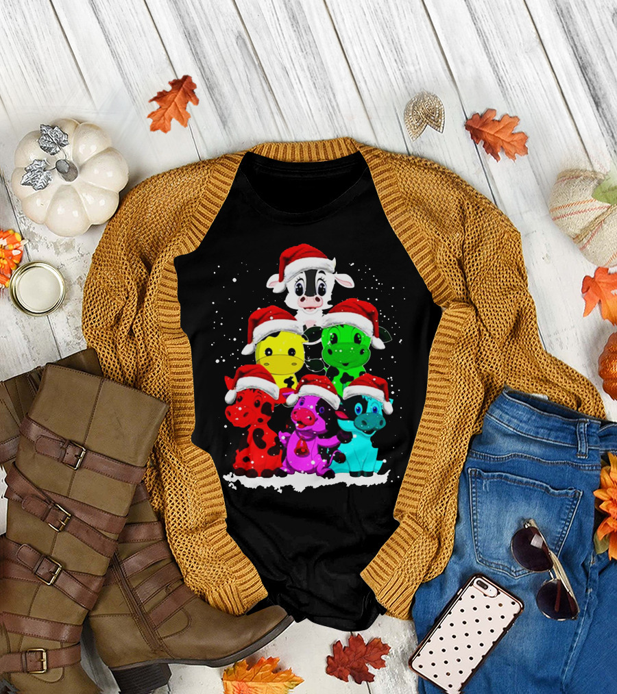 Cow Christmas Santa Hat Stack Multicolor Cows T-Shirt