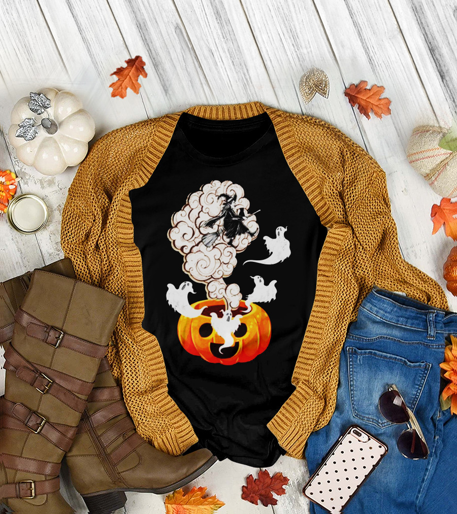 Ghosts and Witch Flying Out of the Pumpkin with Halloween Clouds T-Shirt