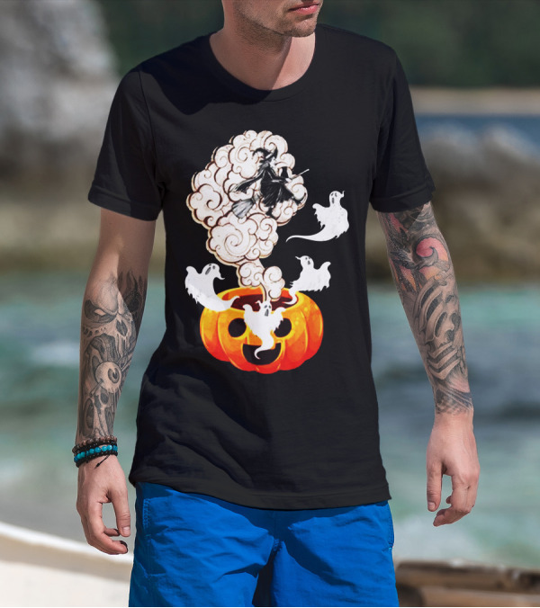 Ghosts And Witch Flying Out Of The Pumpkin With Halloween Clouds T-Shirt