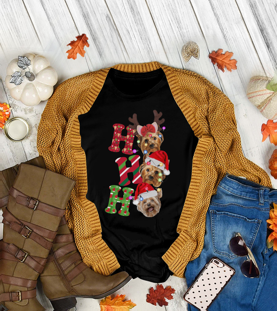 Ho Ho Ho Yorkie Dog Christmas Santa Hats Reindeer Antlers T-Shirt