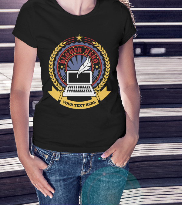 Blogger Hero Laptop And Quill Emblem With Star Laurel Badge T-Shirt