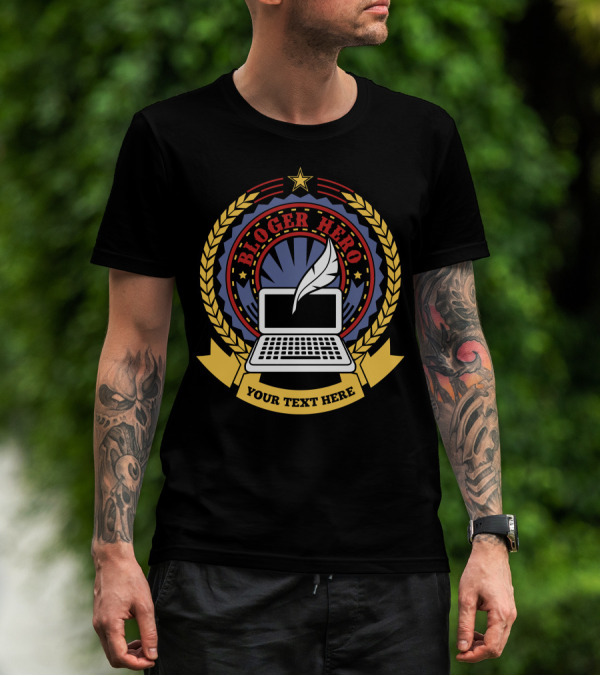 Blogger Hero Laptop And Quill Emblem With Star Laurel Badge T-Shirt