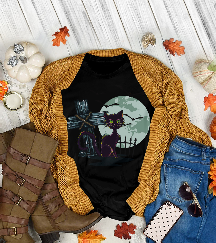 Cute Cat Halloween Monster Full Moon Bats Cross Graveyard T-Shirt