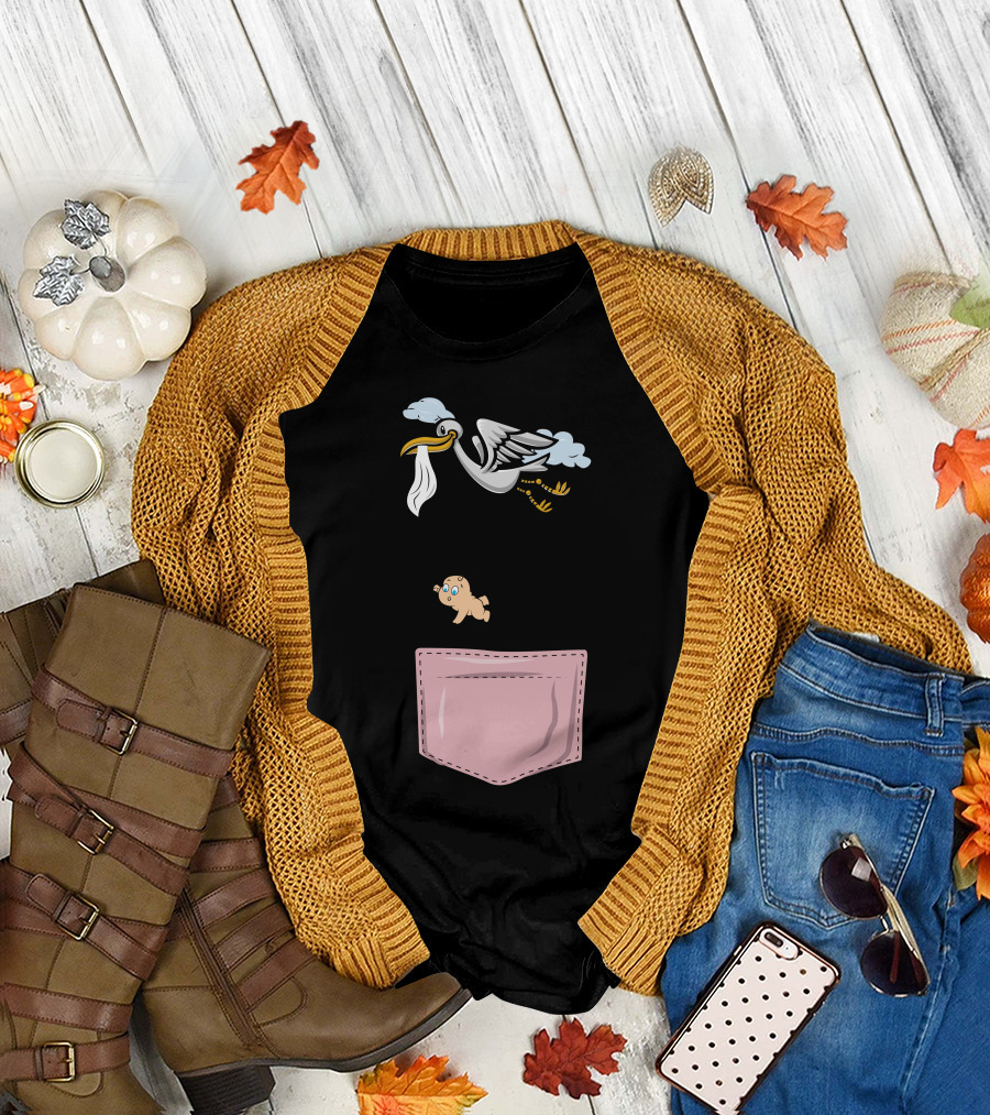 Stork Dropping Falling Baby into Pink Pocket T-Shirt