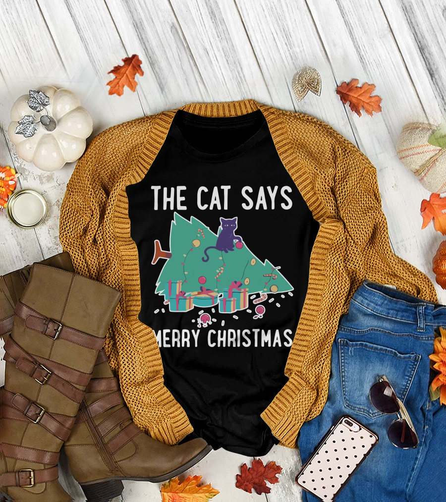 The Cat Says Merry Christmas Funny Cat Christmas Tree T-Shirt