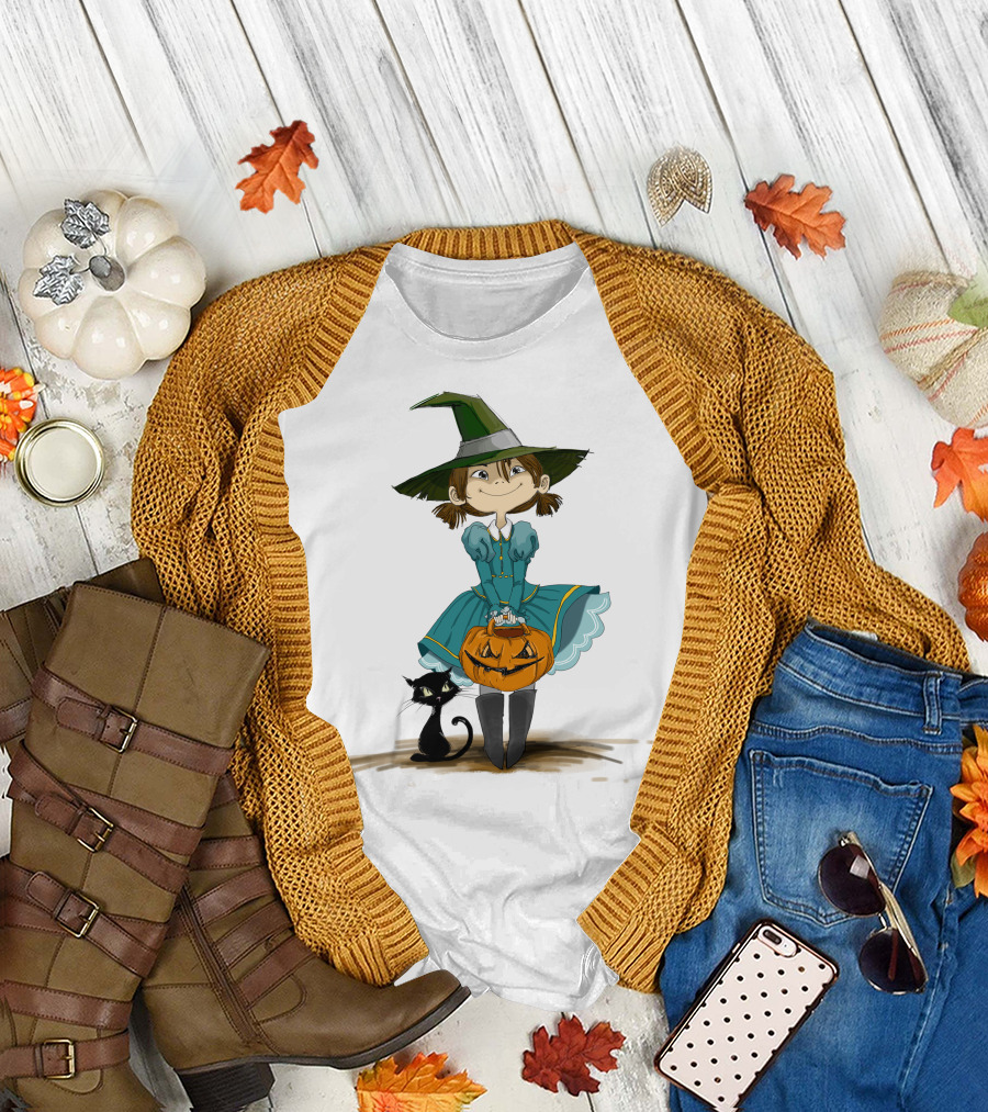 Halloween Girl Witch Hat Pumpkin Black Cat T-Shirt