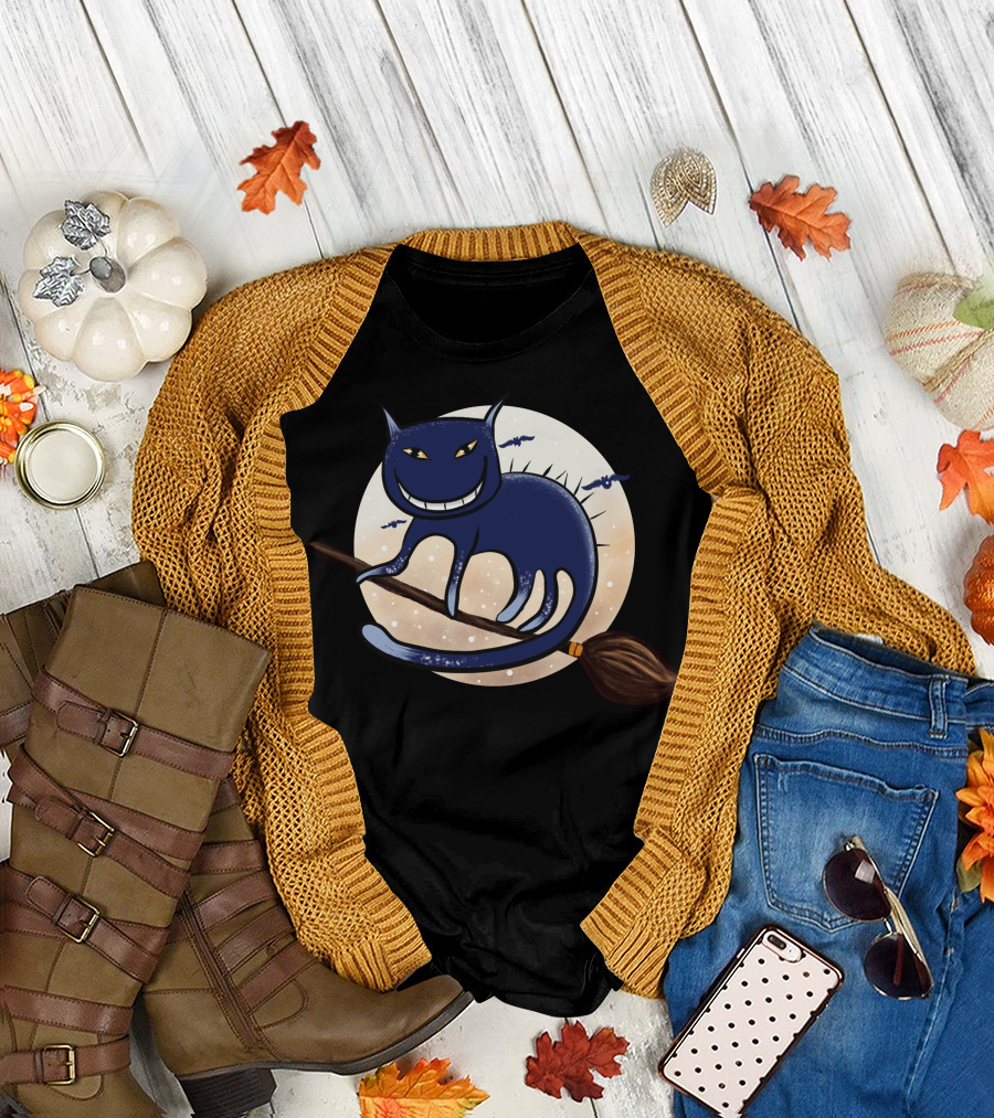 Halloween Terror Night Grinning Cat on Witch's Broom Under Moon T-Shirt