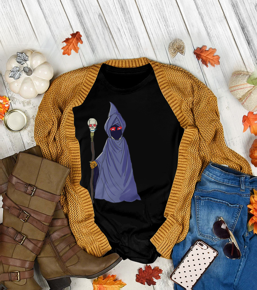 Halloween Ghost with Skull Staff and Red Eyes T-Shirt