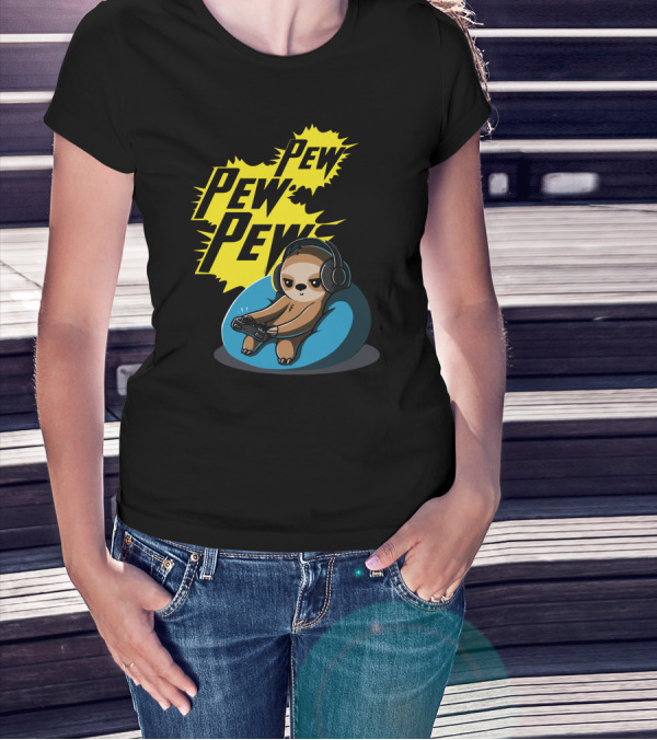 Pew Pew Pew Cute Gamer Headphones Sloth T-Shirt