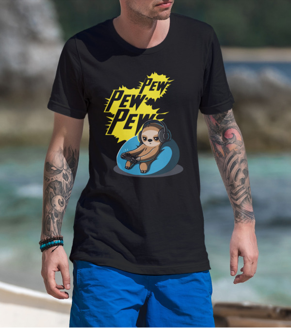 Pew Pew Pew Cute Gamer Headphones Sloth T-Shirt