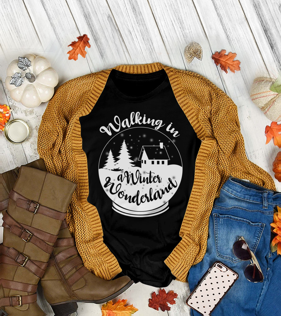 Walking in a Winter Wonderland Snow Globe Scene with House and Trees T-Shirt