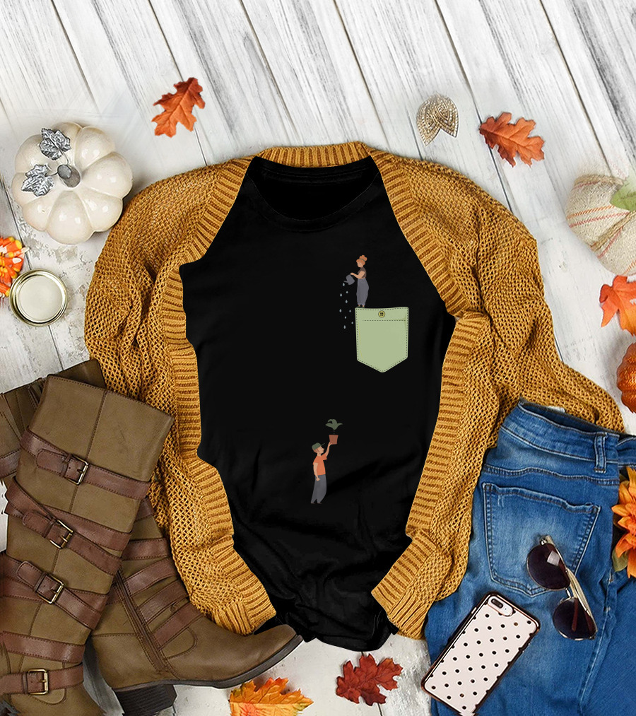Watering Flowers from Above Pocket with Plant Holder T-Shirt